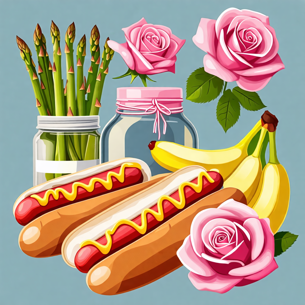 rose, hot dog, jar, asparagus, banana